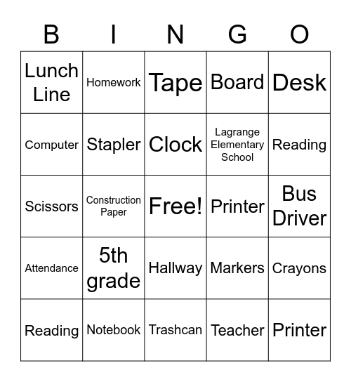 School Bingo Card