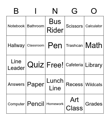 School Bingo Card