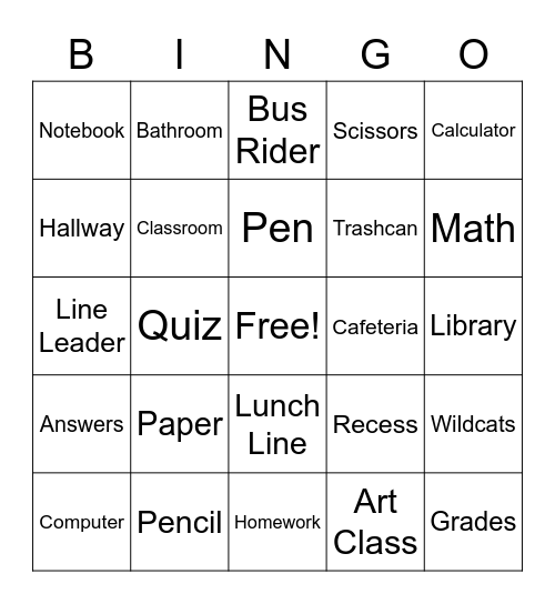 School Bingo Card