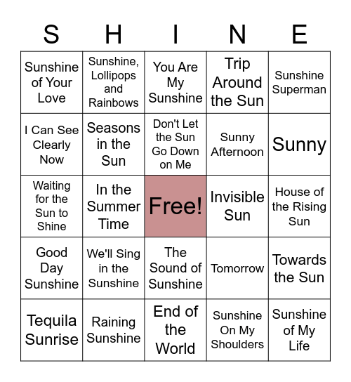 Let the Sun Bingo Card