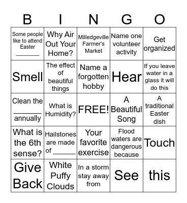 Weather, the 5 senses and Spring Cleaning Bingo Card