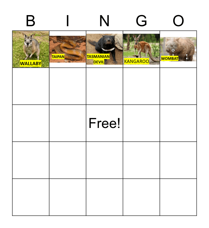 Australian Animals BINGO Card