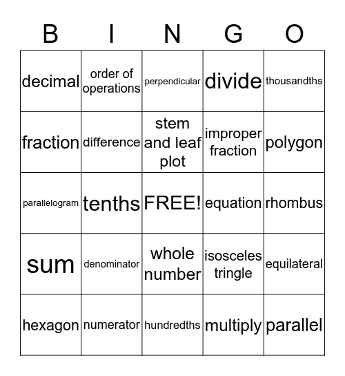 5th math Bingo Card