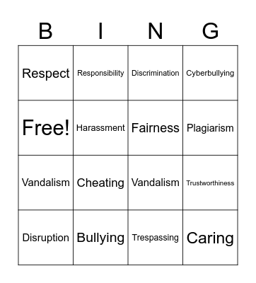 Code of Behavior Bingo Card