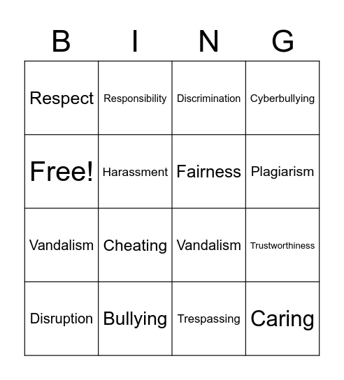 Code of Behavior Bingo Card