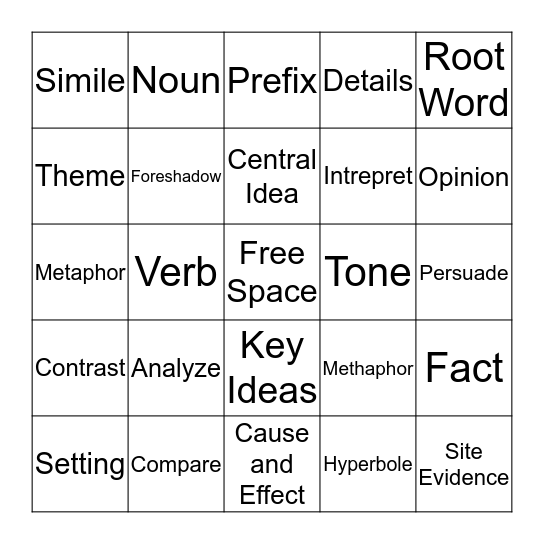 PARCC Vocabulary Bingo Card