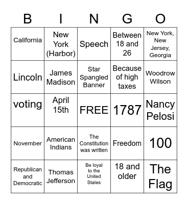 Citizenship Bingo Card