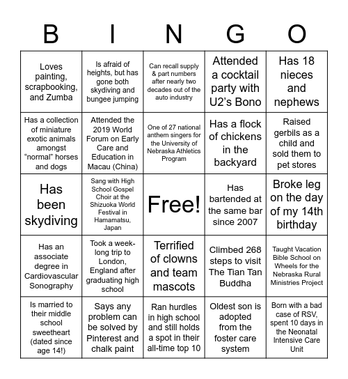 PLA Member Bingo Card