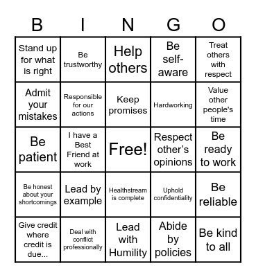 Integrity Bingo Card