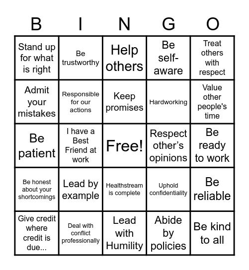 Integrity Bingo Card