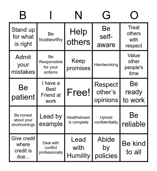 Integrity Bingo Card