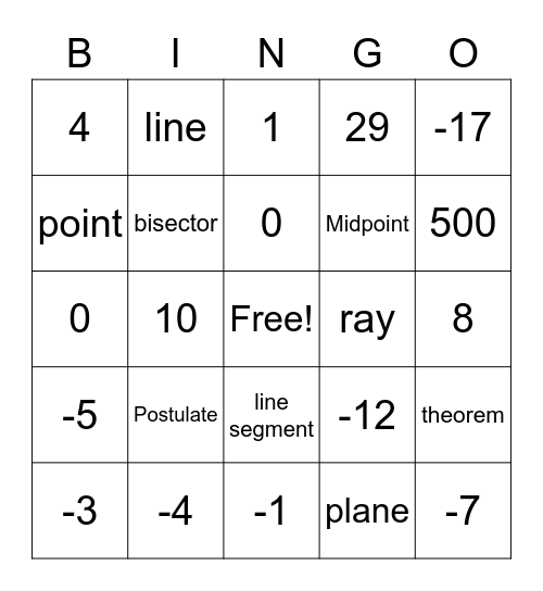 Geometry Bingo Card