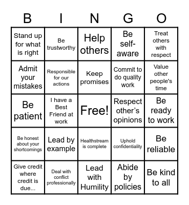 Integrity Bingo Card