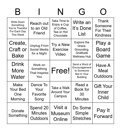 Grace. Grounding. Gratitude. Week 2 Bingo Card