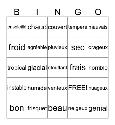 french bingo weather Bingo Card