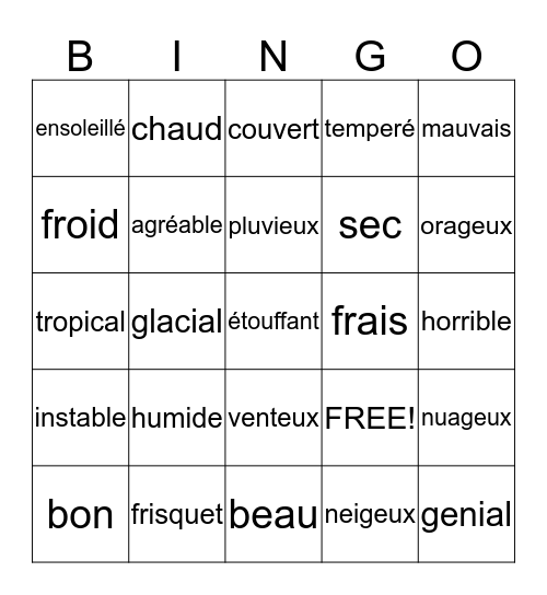 french bingo weather Bingo Card