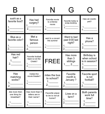 Personality Bingo Card