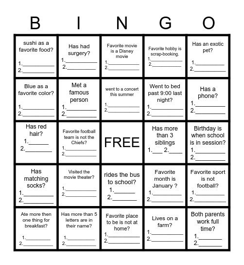 Personality Bingo Card