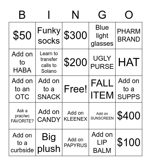 ADD ONS Bingo Card