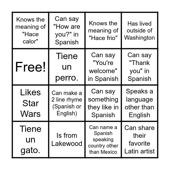 Day 1 Spanish 3/4 Bingo Card
