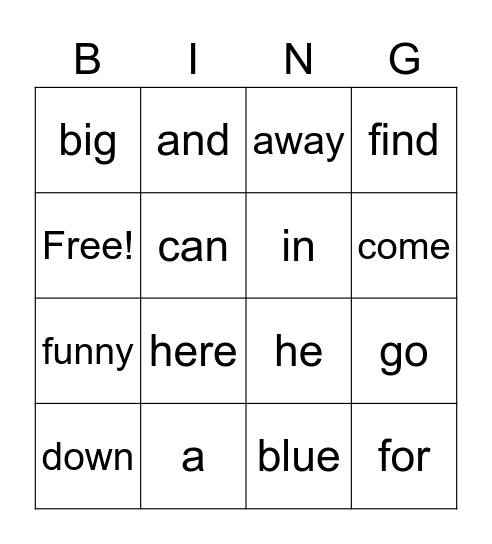 Sight Words Bingo Card