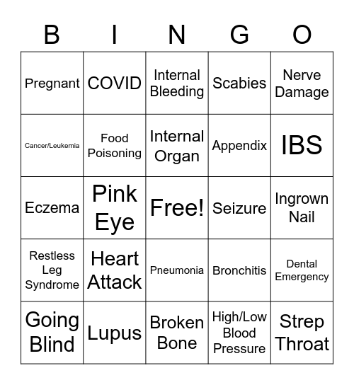 Call the Nurse Bingo Card