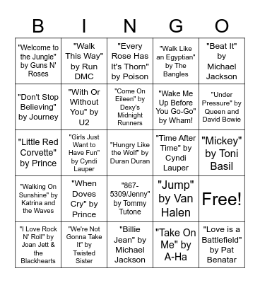 Bingo Singo - '80s Music Bingo Card