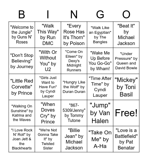 Bingo Singo - '80s Music Bingo Card