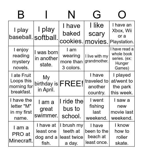 All About Me Bingo Card