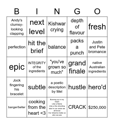 Masterchef Finale Bingo Card