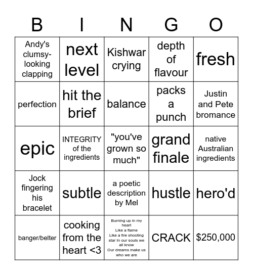 Masterchef Finale Bingo Card