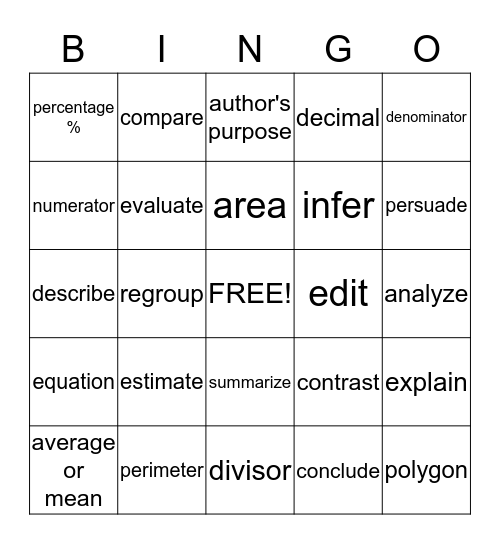 ELA/Math Vocabulary Bingo Card