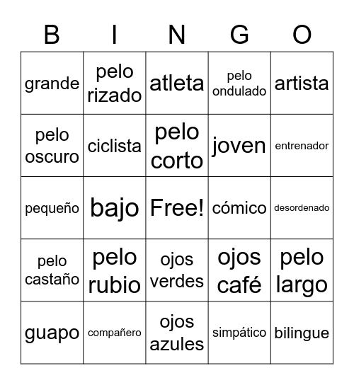 Adjectives Bingo Card