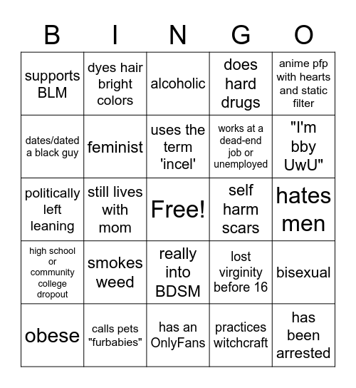 Fatherless Women Bingo Card