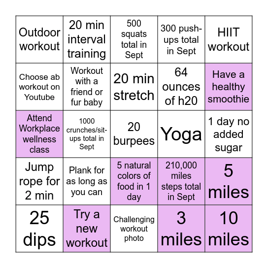 WP fitness challenge Bingo Card