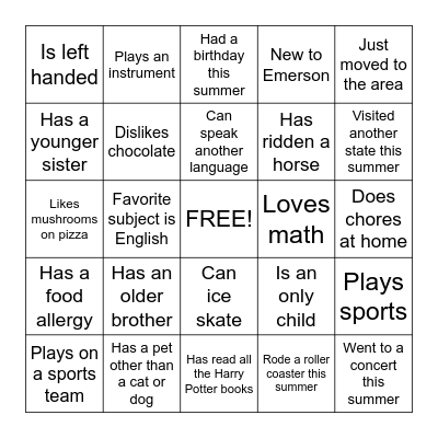 Getting to Know You Bingo Card