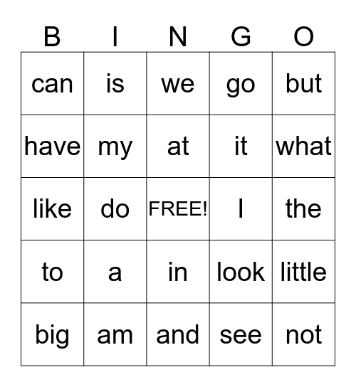 Sight Word Bingo Card