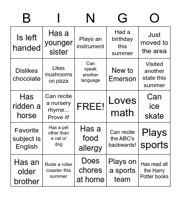 Getting to Know You Bingo Card