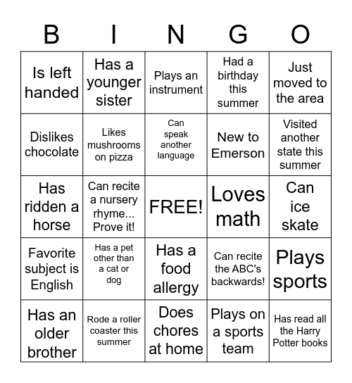 Getting to Know You Bingo Card