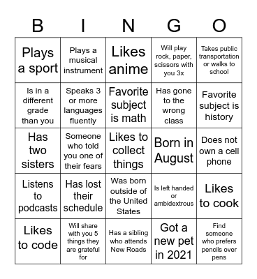 New Roads MS Bingo Card