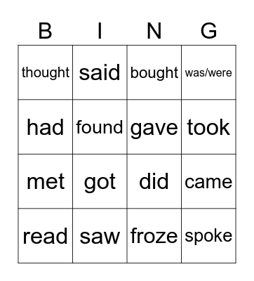 Irregular verbs Bingo Card