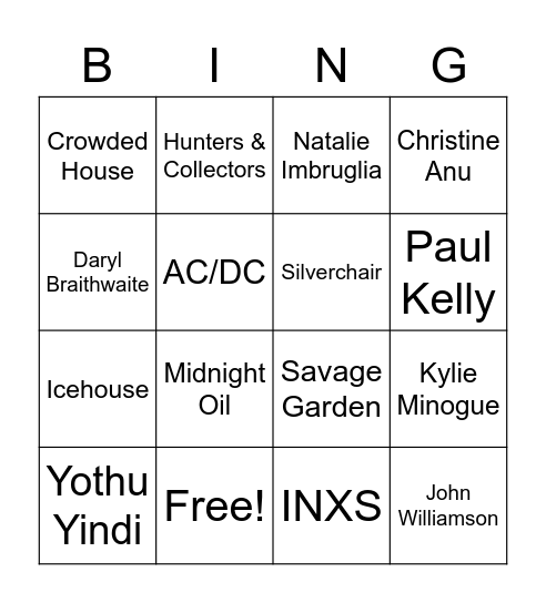 Aussie Artists Bingo Card