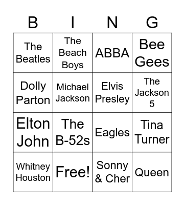 Sixties, Seventies & Eighties Bingo Card