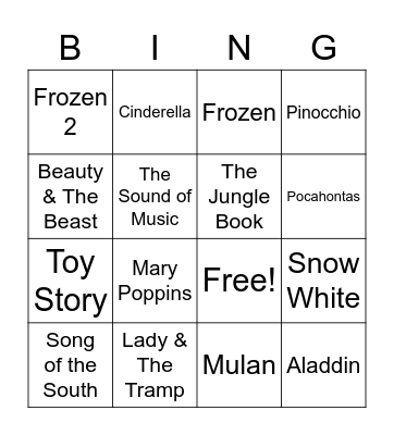 Disney Tunes Bingo Card