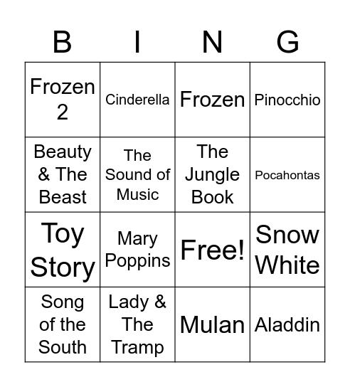 Disney Tunes Bingo Card
