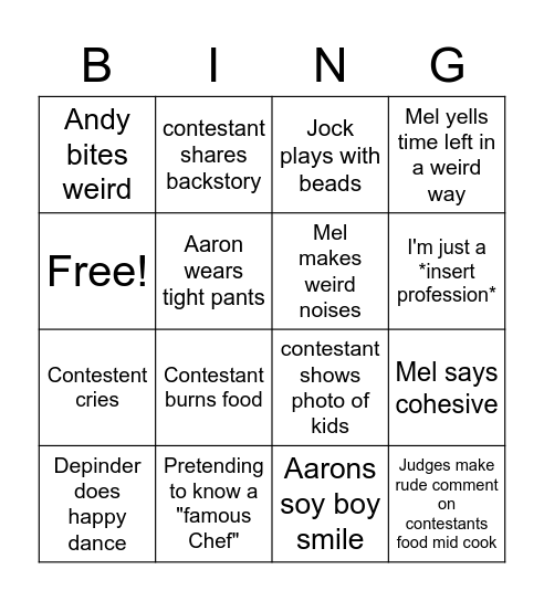 Master chef Bingo Card