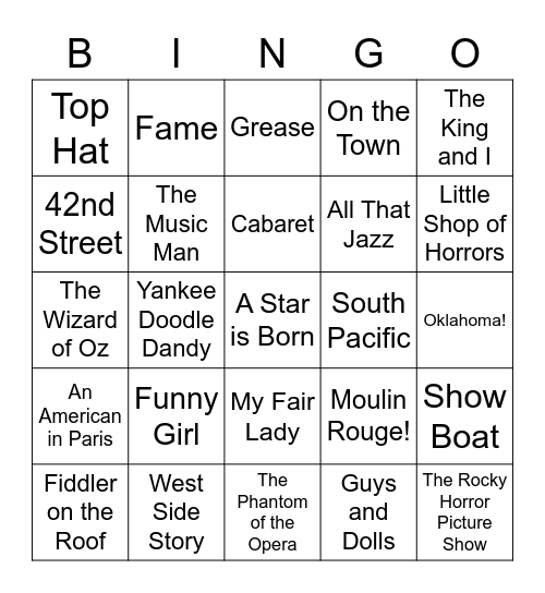 Film Musicals Bingo Card