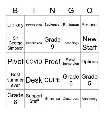 Back to School Bingo Card