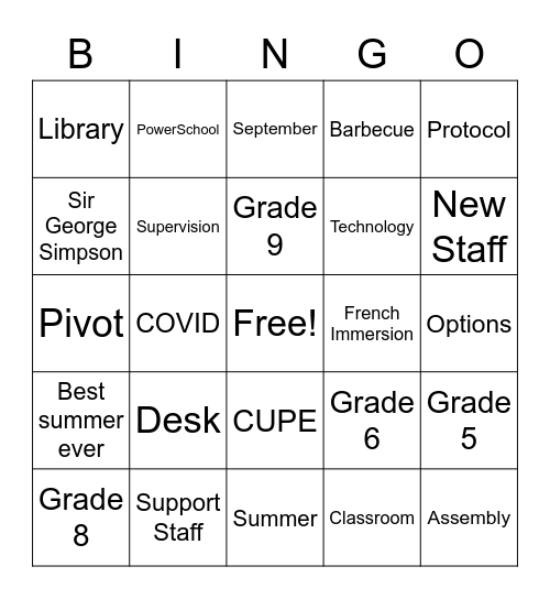 Back to School Bingo Card