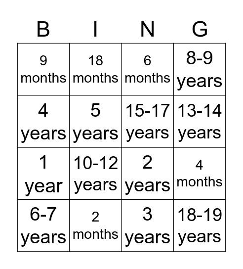 Child Development Bingo Card